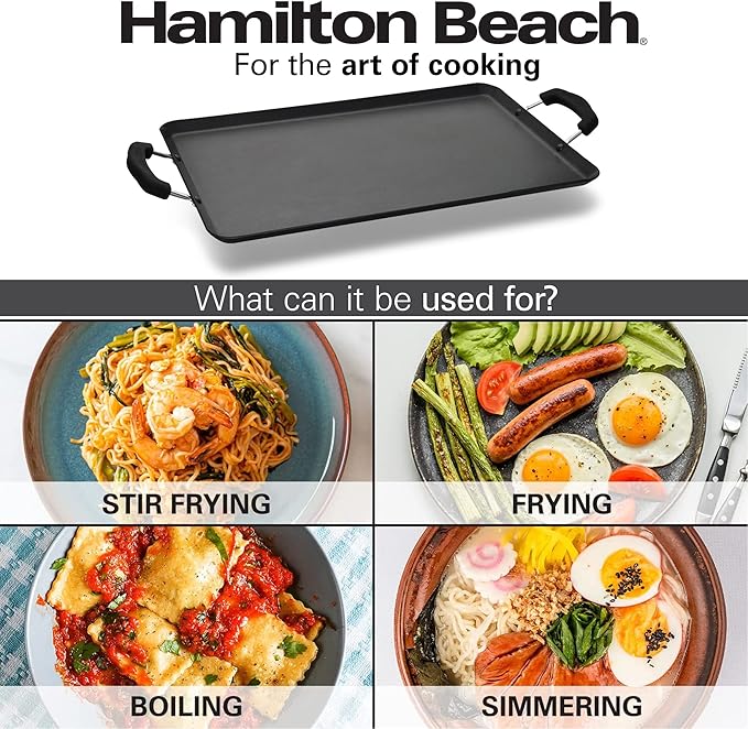 Hamilton Beach Nonstick Double Griddle 19x11-Inch - Black Aluminum Griddle with Soft Touch Bakelite Handle - Flared Edge - Spiral Bottom, Easy to Clean, Multipurpose Use - Durable & Dishwasher Safe