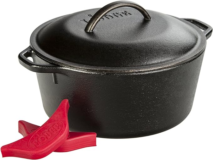 Lodge Cast Iron Dutch Oven - Loop Handle Cooking Vessel - Even Heat Retention - Oven-Safe, Versatile Pot - Handle Holders Included - 5 Quart