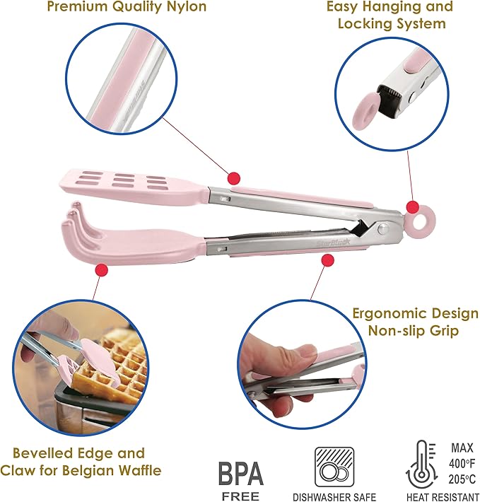 Mini Waffle Tongs by StarBlue Pink – 8 Inches Silicone and Nylon Serving Tongs with Non-Slip Smooth Handles, Non-Scratch and Dishwasher Safe, Multipurpose Spatula for Belgian Waffle Serving