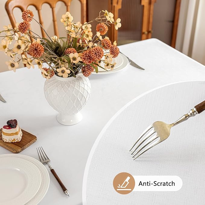 Textured White Fabric Table Cloth Rectangle, 60 x 120 Inch, Stain Resistant & Reusable Faux Linen Rectangular Tablecloth, Easy Clean for Dinning Banquet Wedding