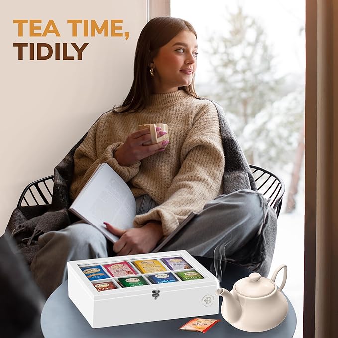 Tea Bag Organizer - White Bamboo Tea Box Organizer Storage Box, Tea Bag Holder with Acrylic Window, Magnetic Lid Keeps Tea Bags Fresh - Tea Organizer Caddy (Tea Not Included) Christmas Gift