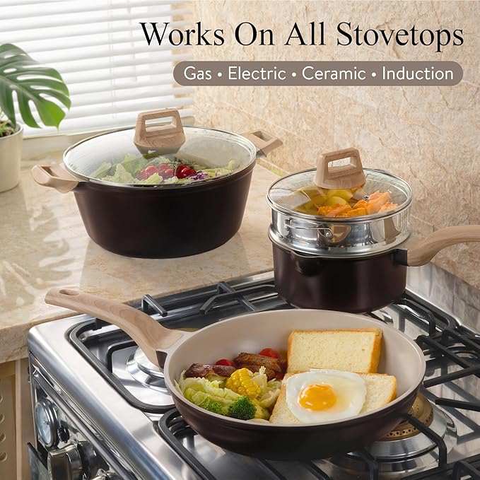 CAROTE 21 PCS Ceramic Cookware Set, Pots and Pans Set Non Stick, Pot and Pan Set with Frying Pan, Induction Ready Cooking Set for Kitchen, PFOS/PFOA/PFAS Free, Brown