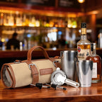 Etens Bartender Travel Kit with Waxed Bag | 22 Piece Bar Set in Roll | Portable Cocktail Tools for Home & Travelling Bartending – Professional Boston Shakers, Unbreakable Melon Squeezer, Accessories