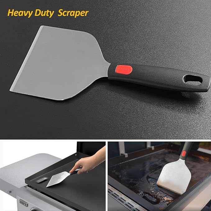 Vovoly Wide Griddle Scraper, 4.3“x4.3'' Smashed Burger Scraper Grill Scraper Spatula Burger Turner - Full Tang Silicon Handle Professional Grade Grill Accessories, Knife Grade Stainless Steel