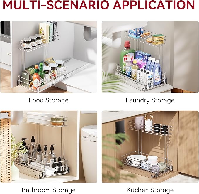 Under Sink Organizer 9" W X17 D, Pull Out Cabinet Organizer 2 Tier, Under Sink Slide Out Chrome Plated, Under Kitchen Bathroom Sink Organizer, Pantry Cabinet Closet Organization Rack, 2 Pack