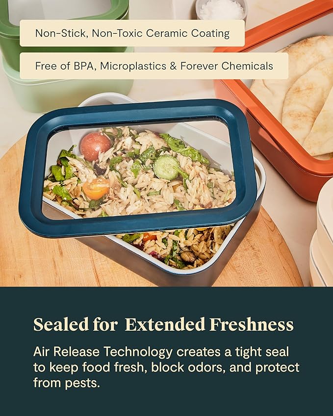 Caraway Glass Food Storage - 6.6 Cup Glass Container - Ceramic Coated Food Container - Non Toxic, Non Stick Lunch Box Container with Lids - Dishwasher, Oven, & Microwave Safe - Navy