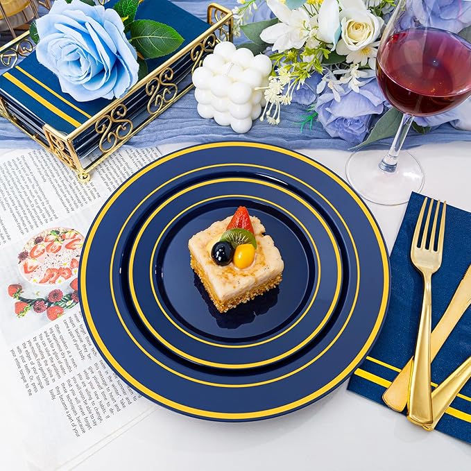 NOCCUR 200PCS Navy Blue Plastic Plates for 100 Guests - Include 100PCS 10" Dinner/ 100PCS 7" Dessert Disposable Plates Heavy Duty - Ideal for Party/Christmas/Hanukkah