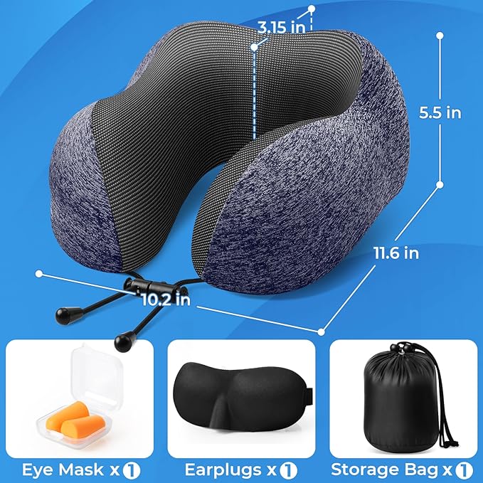 ExploreBliss Travel Pillow, Travel Pillows for Sleeping Airplane, Neck Pillow Airplane, Memory Foam Neck Pillow Set with Eye Mask, Earplugs and Storage Bag -Mottled Blue