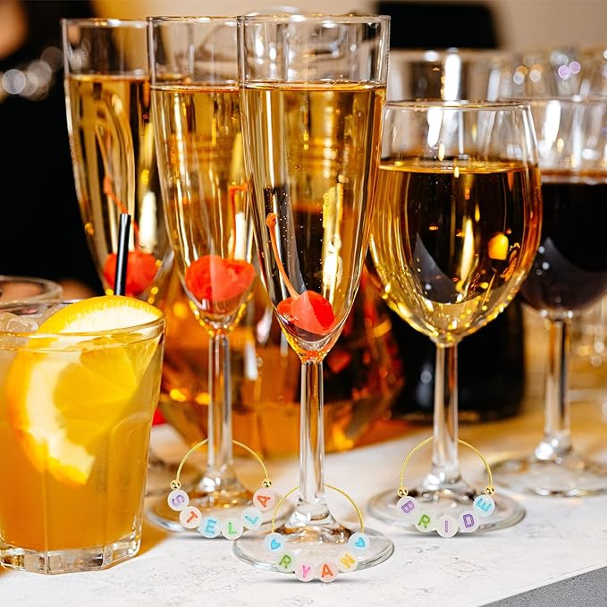 BLSUREFYX 30 Sets DIY Wine Glass Charms 650 Letter Beads 50 Heart-Shaped Bead 60 Golden Beads 30 Charm Rings 2 Tweezers Custom Charms Wine Glass Marker for Cocktail Party Decoration Luminous