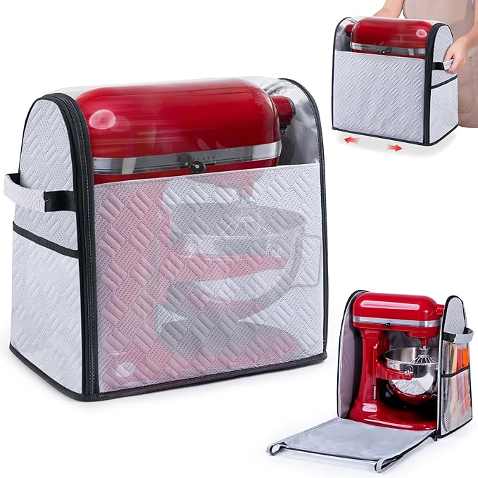 BAGSPRITE Full Open Stand Mixer Cover with Slider Base Compatible with KitchenAid 6-8 Qt Bowl-Lift Mixers – Dustproof Quilted Kitchen Aid Mixer Cover with Pockets for Accessories & Attachments