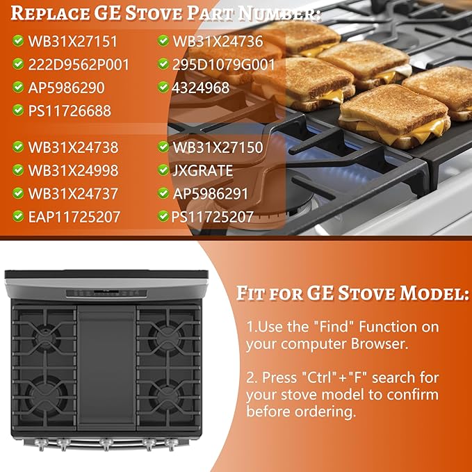 Stove Top Griddle for GE Gas Stove Replacement WB31X24738 Grill Stovetop Cast Iron Pan WB31X27151 Grates General Electric Rang Parts Burner Center Griddles Cooktop WB31X24998