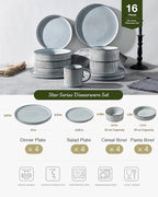 Famiware Star 16-Piece Stoneware Dinnerware Sets, Service for 4 - Shallow Pasta Bowls & Flat Plates, Modern Rustic Reactive Glaze Dishes, Chip/Scratch Resistant, Microwave/Dishwasher Safe, Smoky Blue
