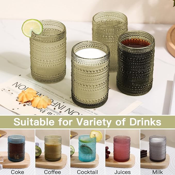 JOVGANK Green Vintage Hobnail Drinking Glasses Set of 6, Water Tumbler 15oz, Kitchen & Bar Beaded Highball Glasses, Beverage Glass Cups for Water, Beer, Juice, Housewarming and Mother's Day Gift