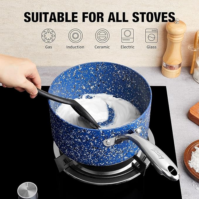 Kitchen Granite Nonstick 1 Quart and 2 Quart Sauce Pan Set with Lid, Multipurpose Pots Set Use for Home Kitchen or Restaurant, Blue