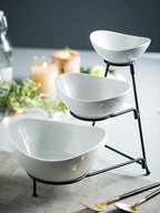 Miamolo 3 Tier Serving Bowls with Stand, Serving Dishes Chips and Dip Serving Set for Entertaining Party, Ceramic Serving Bowl Food Display for Fruit Salad Soup Snacks, Microwave & Dishwasher Safe