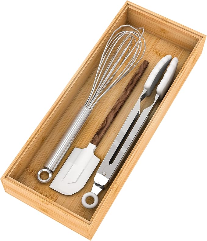 Utensil Organizer Silverware Drawer Organizer-Stackable Bamboo Flatware Caddy Cutlery Holder, Wooden Storage Boxes Tray for Bedroom,Office, Bathroom, Vanity & Garage Tool Organization(15"6"2.5")