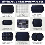 HONGBAKE 9-Piece Non Stick Bakeware Sets with Wave Texture for Reduced Grease, 0.8mm Thick Non Toxic Baking Pans Set, Includes Stackable Cookie Sheets for Oven Cooking, Shimmer Blue