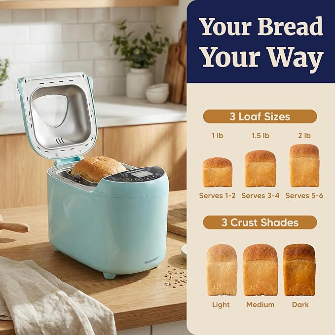 Elite Gourmet Programmable Bread Maker, 2 lb Loaf, 3 Sizes, 19 Presets incl. Gluten-Free, Dough & Jam, Delay Timer, Mint