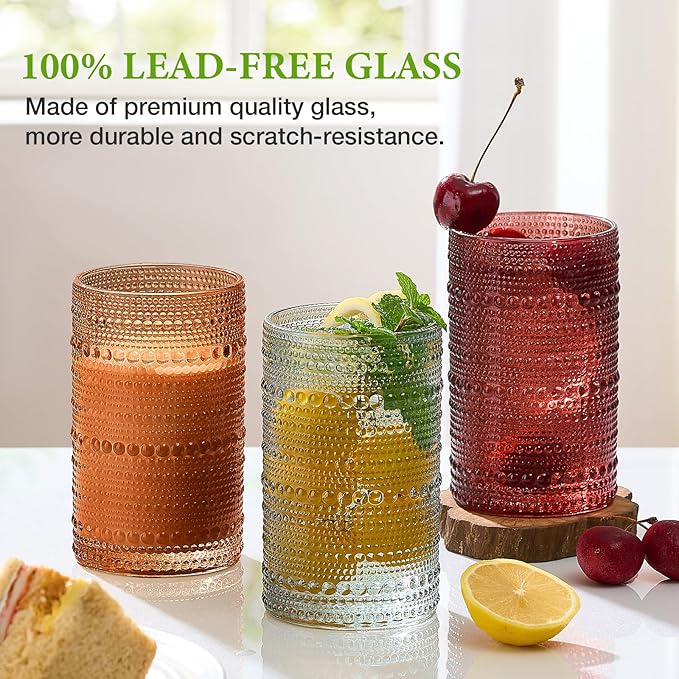 Mfacoy Colored Hobnail Drinking Glasses Set of 6, 12oz Vintage Kitchen Glassware, Embossed Beaded Glass Cups, Water Glasses, Beaded Colorful Water Tumbler for Cocktail, Juice and Various Mixed Drinks