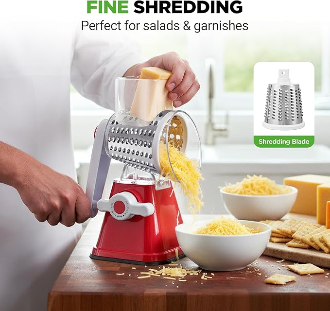 Nutrichef 3 in 1 Cheese Grater & Shredder | Strong Suction Base, Rotary Handle with Safety Lock | Includes Hand Crank & 3 Drum Blades for 3 Textures, Fine, Medium & Strips | Red