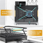 Epicano Dish Drying Rack for Kitchen Counter,Space-Saving Dish Rack,Rustproof Dish Drainer with Utensil Holder and Knife Slots for Sink,Kitchen Drying Rack with Wooden Handle and Cup Holder, Black