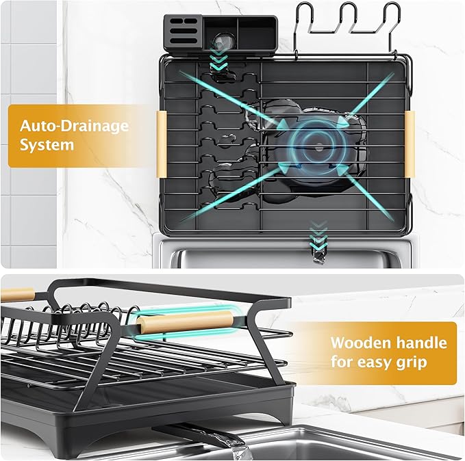Epicano Dish Drying Rack for Kitchen Counter,Space-Saving Dish Rack,Rustproof Dish Drainer with Utensil Holder and Knife Slots for Sink,Kitchen Drying Rack with Wooden Handle and Cup Holder, Black