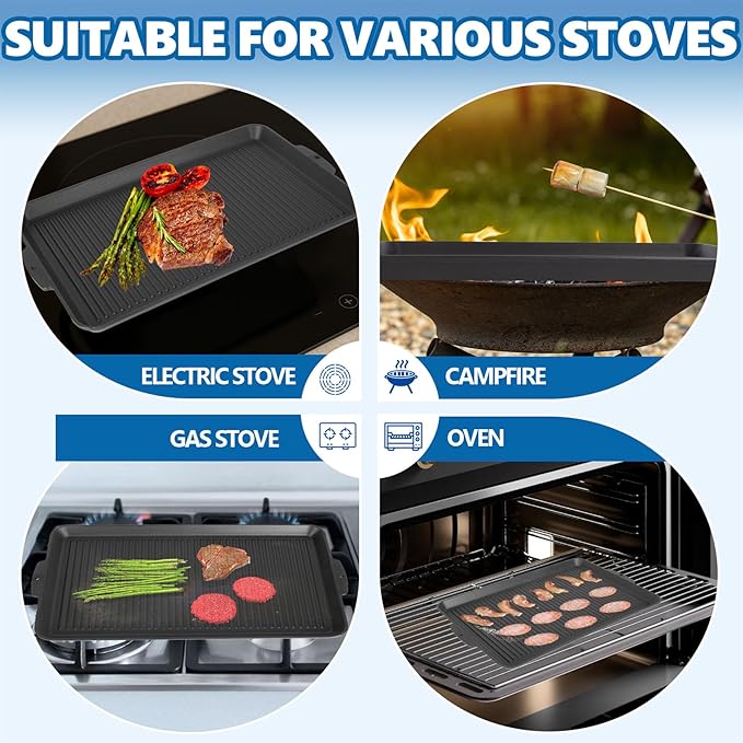 SafBbcue 19 x 11.5 Inch Cast Iron Griddle Pan - Versatile for Stovetop, Oven, Grill & Campfire, Features a Ridged Surface, Suitable for Kitchen and Outdoor Cooking, Pan Frying, Baking