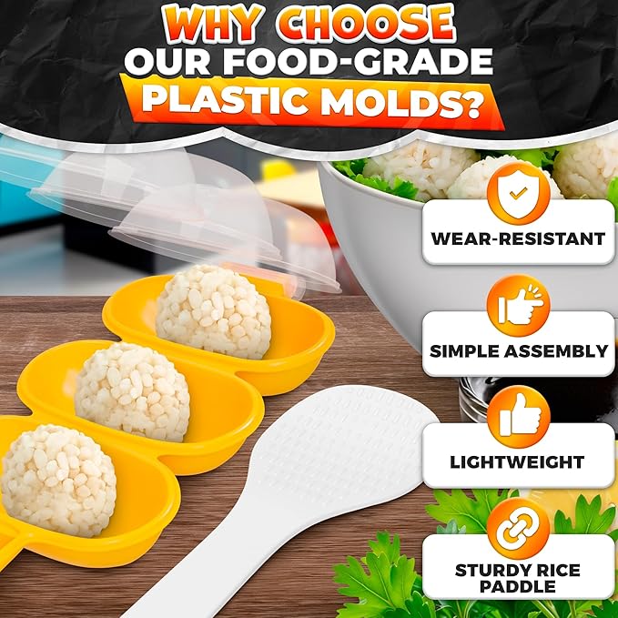 Rice Ball Mold - Mini Rice Ball Maker Mold with 3 Bite-Size Portions, Plastic Shaker with Scoop for Fast Shake Shaping – Versatile Tool for Bento Meals, Temari Sushi, Yaki-Onigiri & Creative Plating