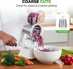 NutriChef 3 in 1 Cheese Grater & Shredder | Strong Suction Base, Rotary Handle with Safety Lock | Includes Hand Crank & 3 Drum Blades for 3 Textures, Fine, Medium & Strips | White