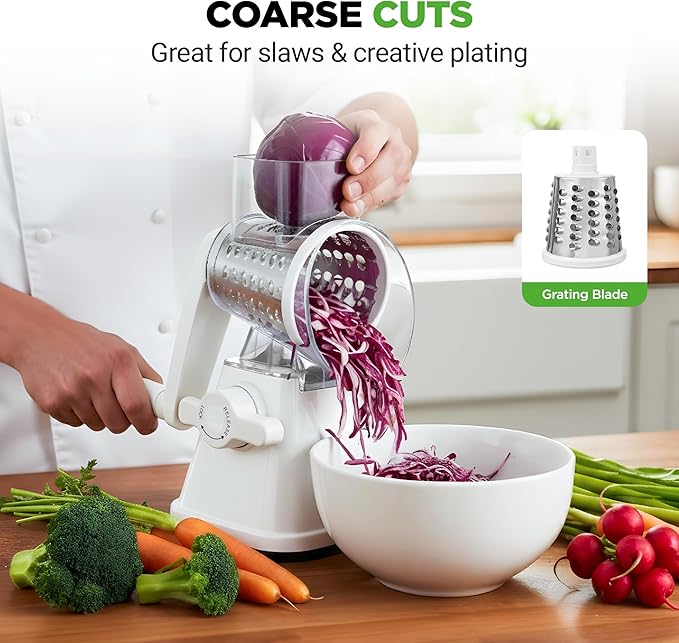 NutriChef 3 in 1 Cheese Grater & Shredder | Strong Suction Base, Rotary Handle with Safety Lock | Includes Hand Crank & 3 Drum Blades for 3 Textures, Fine, Medium & Strips | White