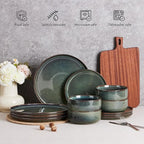 E-far 6-Piece Plates and Bowls Set, Stoneware Dinnerware Sets for 2, Ceramic Dishes Reactive Glaze Dinning Ware, Microwave & Dishwasher Safe - Obsidian Green