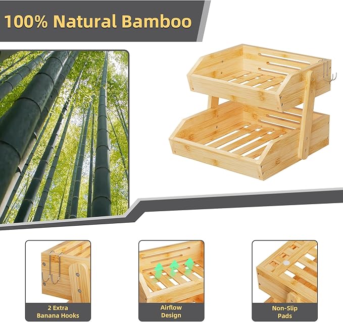 Bamboo 2 Tier Fruit Basket for Kitchen Counter, Large Capacity Fruit Storage Countertop, Fruit Holder, Wood Pantry Organizers and Storage, Kitchen Countertop Organizer With Two Banana Hangers (Bamboo)