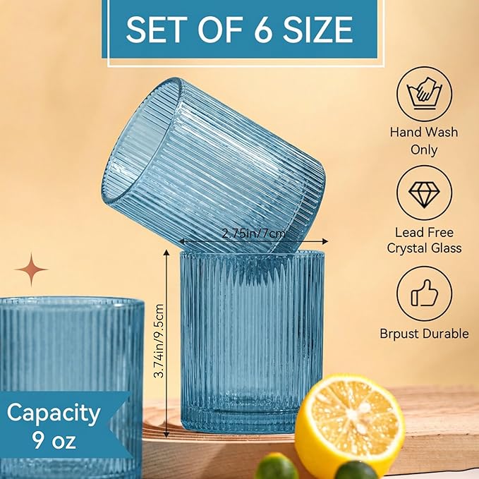 Physkoa Blue Ribbed Drinking Glasses Set of 6 – 9oz Vintage Blue Glassware, Embossed Ribbed Tumbler Cups for Iced Coffee, Water, Juice, Cocktail – Aesthetic Kitchen Glass Set