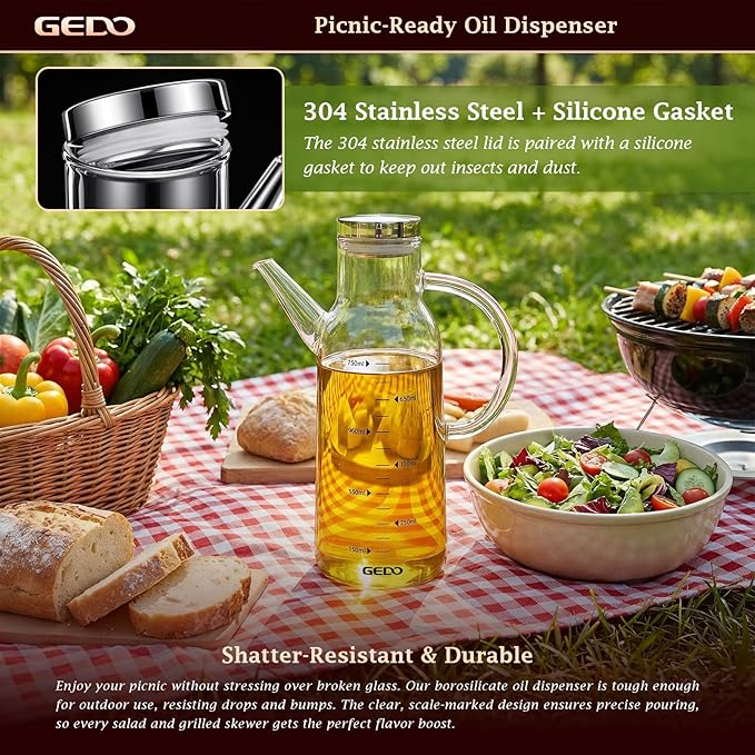 GEDO Borosilicate Glass Oil Dispenser, Eagle Beak Drip-Free Spout with Airtight Stainless Steel Lid, Measurement Markings & Ergonomic Handle, Multi-Purpose for Kitchen & Outdoor Picnic (0.79QT/750ml)
