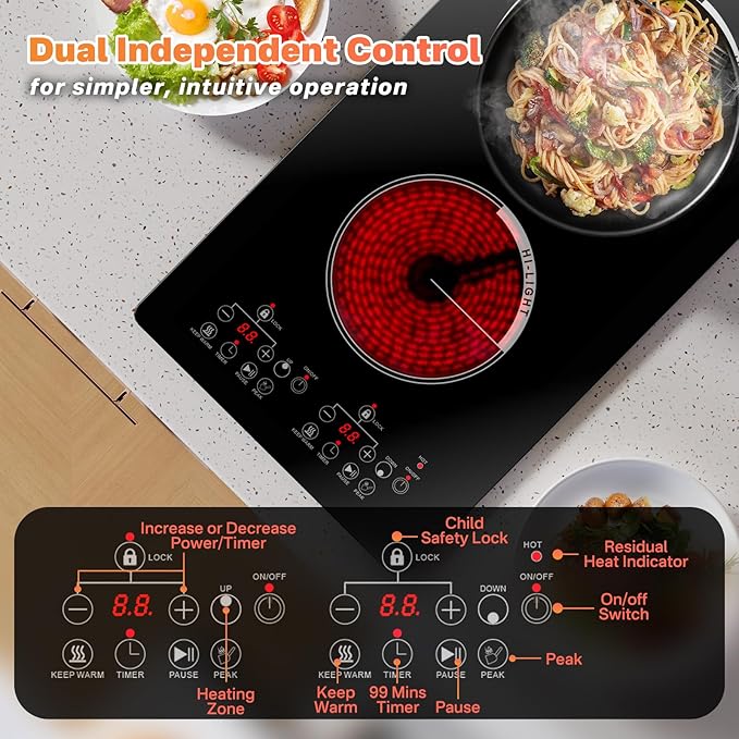 2 Electric Burner, 2000W Plug in Portable Cooktop, 110V Countertop Stove, Built-in Ceramic Hot Plate Dual Burner with 9 Power Levels, Timer, Safey Lock, Compatible with ALL Cookware