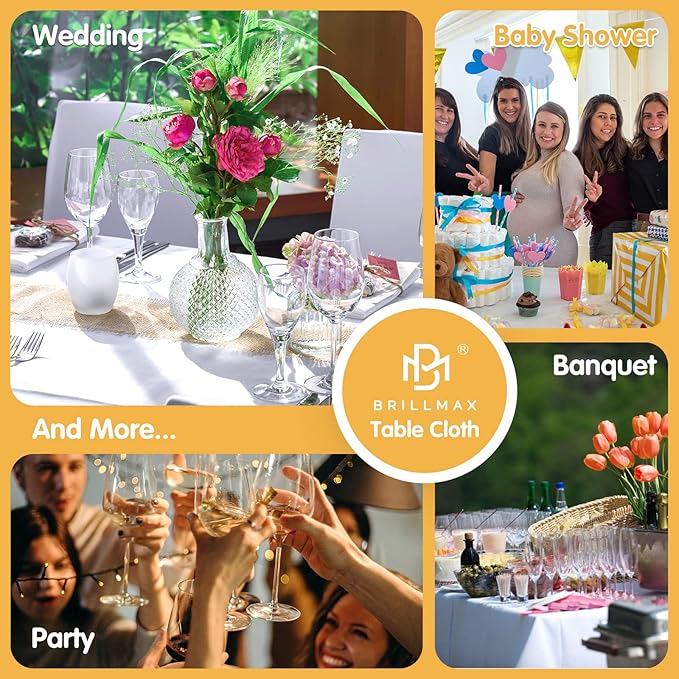 BRILLMAX 4 Pack White Tablecloths for 8 Foot Rectangle Tables 90 x 156 Inch - 8ft Rectangular Bulk Linen Polyester Fabric Washable Cloth Cover for Wedding Reception Banquet Birthday Party