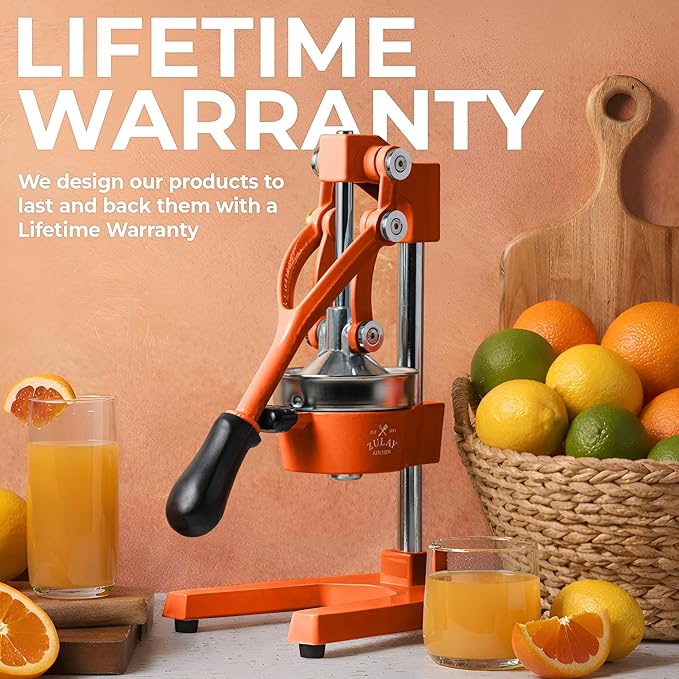 Zulay Kitchen Cast Iron Juicer - Easy-to-Clean Heavy-Duty Manual Juicer, Professional Citrus Juicer - Stainless Steel Lemon Squeezer - Manual Citrus Press & Orange Squeezer - Orange Juicer (Orange)