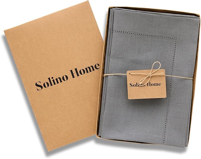 Solino Home Linen Cloth Napkins Set of 4-100% Pure Linen Steel Gray Dinner Napkins 20 x 20 Inch - Classic Hemstitch, Handcrafted and Machine Washable