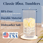 US Acrylic Classic Clear Plastic Reusable Drinking Glasses (Set of 6) 16oz Water Cups | BPA-Free Tumblers, Made in USA | Top-Rack Dishwasher Safe