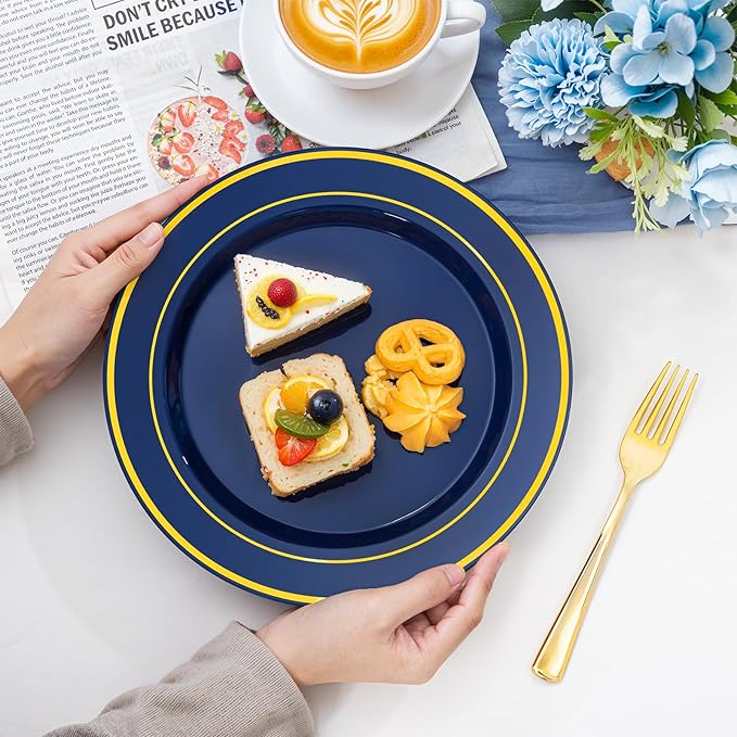 NOCCUR 200PCS Navy Blue Plastic Plates for 100 Guests - Include 100PCS 10" Dinner/ 100PCS 7" Dessert Disposable Plates Heavy Duty - Ideal for Party/Christmas/Hanukkah