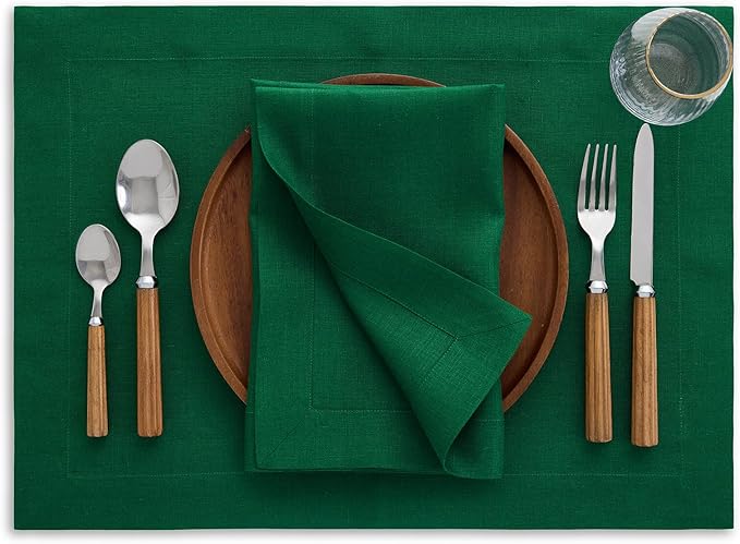 Solino Home Linen Placemats Set of 4 - Christmas Green Placemats 14 x 19 Inch - 100% Pure Linen Table Place Mats - Fete