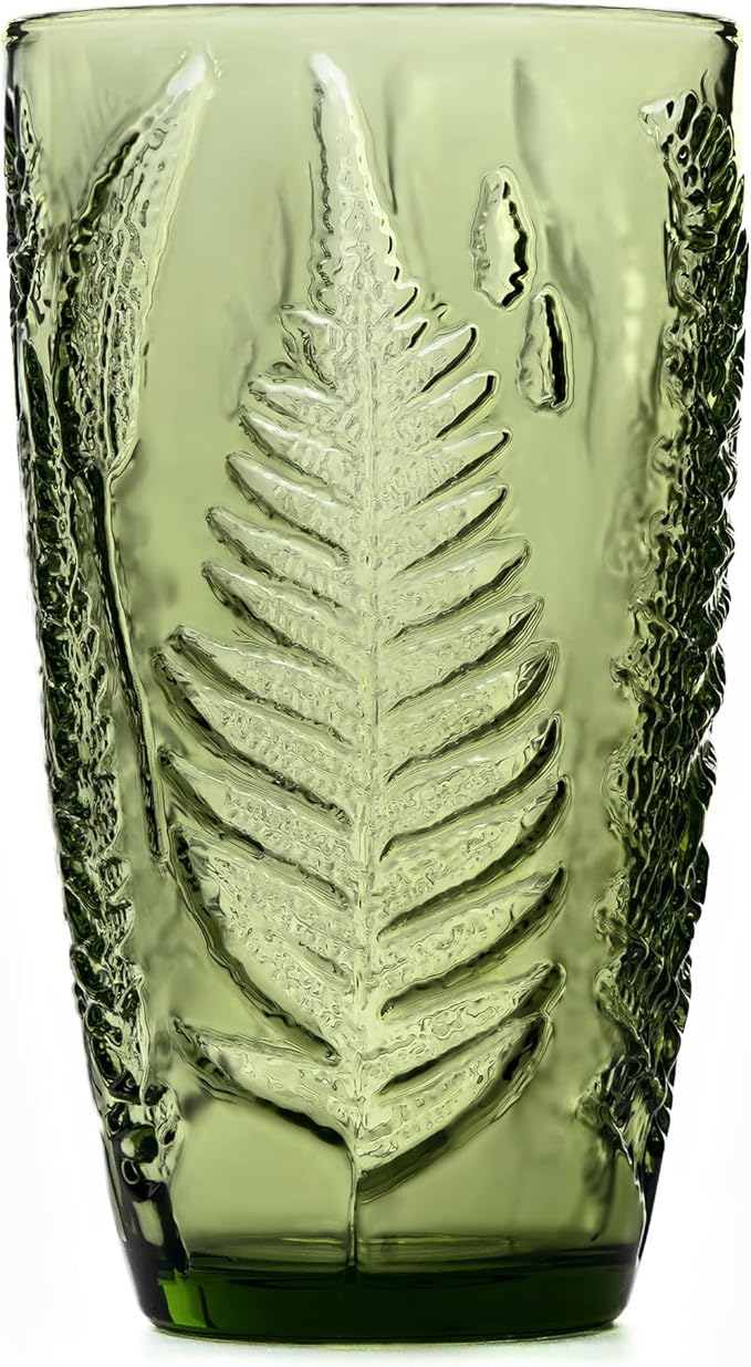 Vintage Green Drinking Glass, 16 oz Hand-Pressed Deep Textured Glass Cup, Fern Embossed Retro Glassware, Decorative Tumbler for Water, Cocktails & Juice, Boho Colored Kitchen Drinkware, Unique Gift