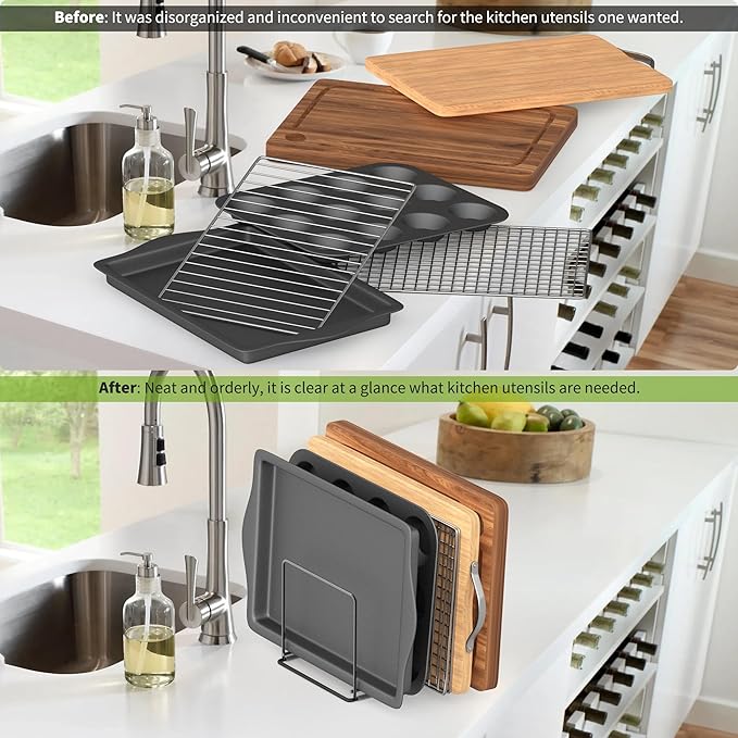 Kitchen Organizer Rack - 4-Slot Heavy-Duty Holder for Cutting Boards,Cookware – Rust-Resistant, Space-Saving Design with Non-Slip Feet for Countertop and Cabinet Storage (1 Pack)