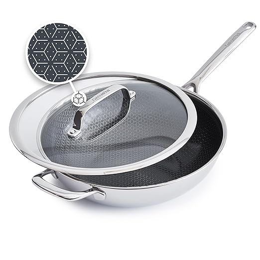 GreenPan Spectra 12" Wok Pan with Lid, Hybrid Tri-Ply Stainless Steel, PFAS-Free Ceramic Nonstick Textured Cooking Surface, Induction Cookware, Diswasher Safe, Oven & Broiler Temp to 850˚F