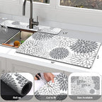 Findosom 2PCS 17" x 32" Dish Drying Mat & 24" x 5.5" Sink Splash Guard, Super Absorbent & Cuttable Dish Mat Drying Kitchen Mat with Gray Floral, Hide Stain Drying Mat for Kitchen Counter