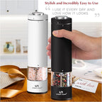 Electric Salt and Pepper Grinder Set - Battery Operated Stainless Steel Mills (1 Black Pepper Grinder + 1 White Salt Grinder) Automatic One Handed Operation Electronic Adjustable Ceramic Grinders