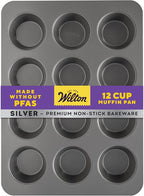 Wilton Silver Non Stick 12 Cup Muffin Pan, Cupcake and Muffin Tin for Baking and Brunch, Made without PFAS, Durable Steel