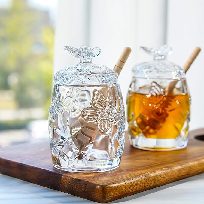 kanpura Clear Crystal Honey Jar with Dipper and Lid, Honey Bee Pot, 4.5oz Glass Honey Pot for Christmas Home Kitchen Decor