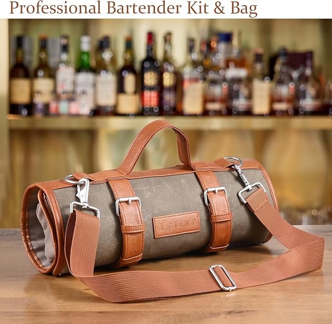 Etens Travel Bartender Kit – 22-Pc Bartending Kit with Bar Tools Bartender Accessories, Waxed Canvas Tool Bag – Professional Stainless Steel Bar Tools Set with Standard Jigger, Unbreakable Squeezer