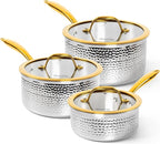 Michelangelo Triply Stainless Steel Saucepan Set, Luxury Hammered Stainless Steel Sauce Pans with Golden Handle, Premium Sauce Pot Set, Induction Compatible